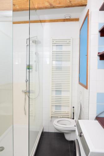 a bathroom with a toilet and a glass shower at redlight canalview city centre in Amsterdam