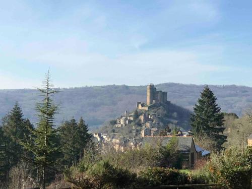 un château au sommet d'une colline avec une maison dans l'établissement La Contie, bol d'air et de nature, à Najac