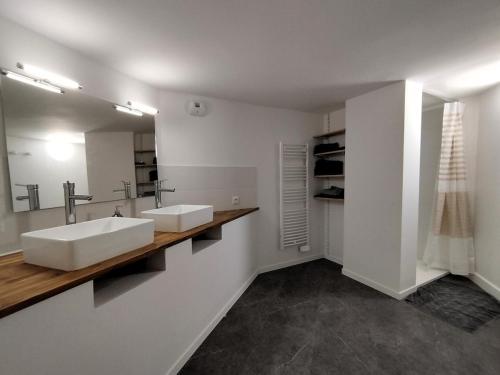 une salle de bain avec deux lavabos et un grand miroir dans l'établissement Appartement lumineux au coeur des pins, à Capbreton