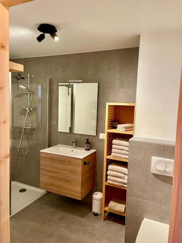 une salle de bain avec un lavabo et une douche dans l'établissement Rêve du Criou, à Samoëns