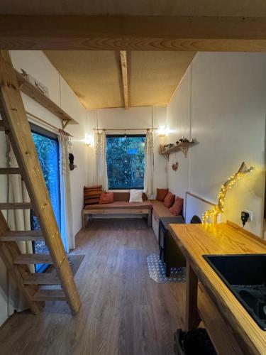 un salon avec un canapé et un escalier dans l'établissement Tiny house au coeur de la foret, à Les Martys