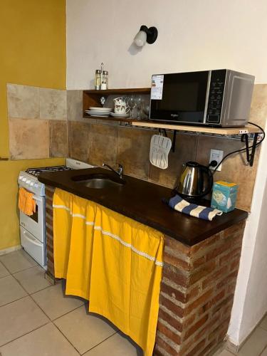 a kitchen with a sink and a microwave at Departamento Las Rosas in Villa de Las Rosas