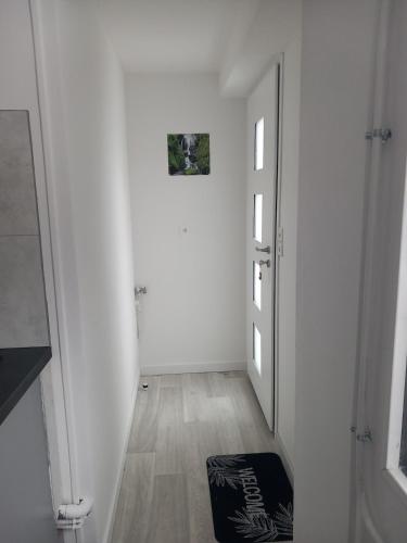 un couloir blanc avec une porte et un miroir dans l'établissement Le petit Appartement, à Beaune
