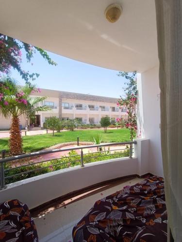a room with a bed and a large window at Elite apartment private beach Holiday Chalet Free WIFI in Hurghada