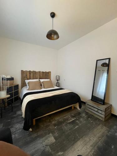 une chambre avec un grand lit et un miroir dans l'établissement Chambres à 20minutes du circuit des 24h du mans, à Soulitré