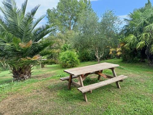 a wooden picnic table in a park with trees at Maison au calme avec jardin exotique pour 7 personnes in Thorigné-sur-Dué