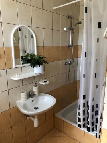 a bathroom with a sink and a shower at Pensjonat Klaudia in Ostrowo