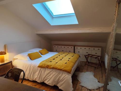 a bedroom with a large bed with a skylight at le marais in Romans-sur-Isère