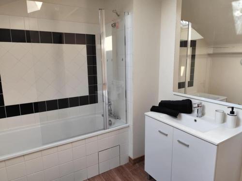 a bathroom with a tub and a sink and a shower at le marais in Romans-sur-Isère