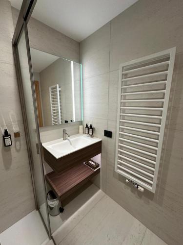 un bagno con lavandino e specchio di Ciasa Verena a Corvara in Badia