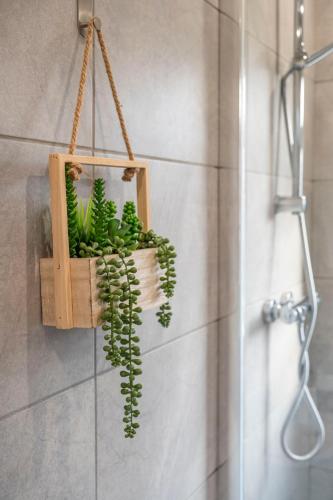 a wooden plant holder on a wall in a bathroom at Beautiful Three Bedroom House - Manchester Escape in Manchester