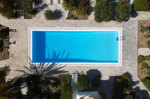 an overhead view of a large blue swimming pool at Mykonian Style Pool House 1 w Night Security Guard in Ornos