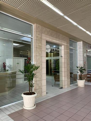 トーレスにあるFlat 100m da praia, vista mar com garagem, central e completo!の建物の中に鉢植えの植物が置かれた店先