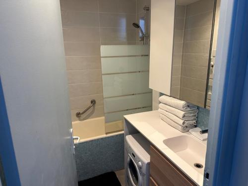 une salle de bain avec un lavabo et une douche avec un miroir dans l'établissement F3 vue mer et confort à Palavas, à Palavas-les-Flots