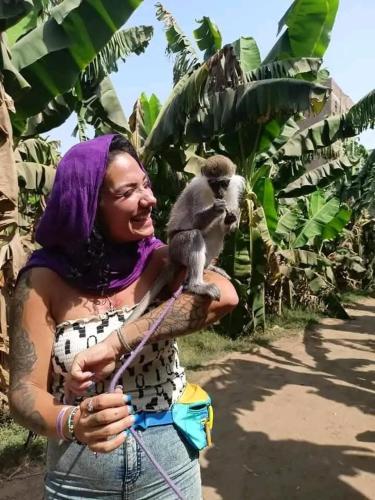 a woman with a monkey on her arm at Grand Square Hostel Luxor in Luxor