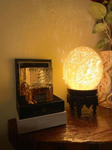 a lamp sitting on top of a table at Bush Adventure Guest House in Kasane
