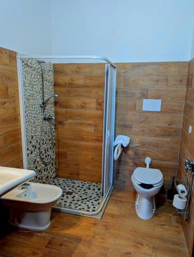 a bathroom with a shower and a toilet and a sink at Country House 3Quatrì in Corropoli