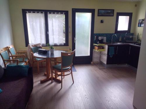 un salon avec une table et des chaises et une cuisine dans l'établissement Duplex 2 personnes, (ou 4) sans vis-à-vis, à Aix-les-Bains