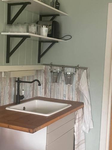 a white sink in a kitchen with shelves at Hanøya- Vesterålen in Myrland