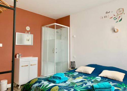 une chambre avec un lit et une douche en verre dans l'établissement À 5 min de Moulins maison de ville, à Yzeure
