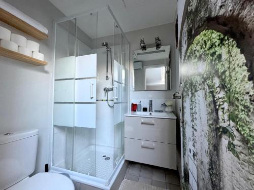a bathroom with a shower and a toilet and a sink at Syrah - Cozy Apartment in Nice
