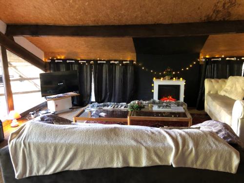 - une chambre avec un grand lit et une télévision dans l'établissement haras de la Cère et ses chevaux, à Polminhac