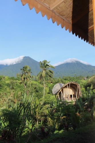 a small house in a field with mountains in the background at Dedari Lodge Jatiluwih Rice fields in Jatiluwih
