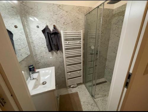 un baño con lavabo y ducha en Columbus6, en Viena