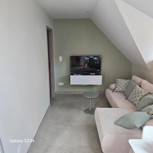 a living room with a couch and a flat screen tv at GÎTE LA PERLE - Rossfeld in Rossfeld