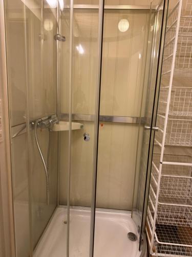 a shower with a glass door next to a tub at Small apartment in Elnesvågen in Svinøya