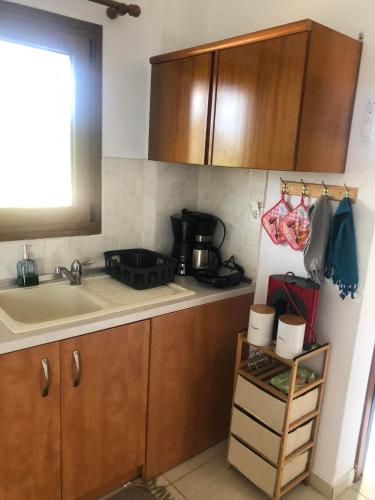 a kitchen with wooden cabinets and a sink at "STARDUST" Family House in Metamorfosi