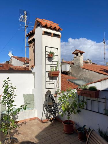 a balcony of a house with potted plants at Charmantes Altstadthaus mit Dachterrasse in Muggia