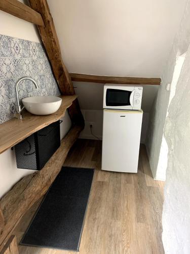 une petite cuisine avec un évier et un micro-ondes dans l'établissement Le petit bois mayetais, à Mayet