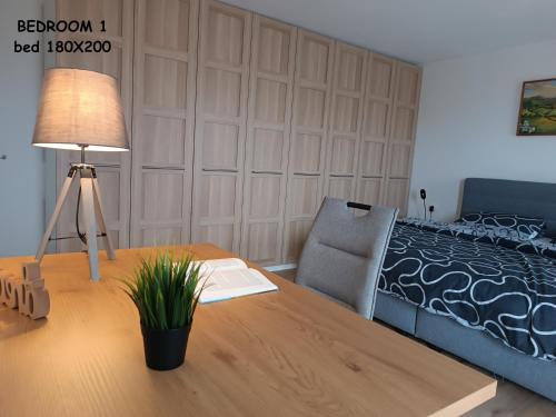 GradacにあるRELAX HOUSE Kolpa view Podzemeljのベッドルーム(ランプとベッド1台付)