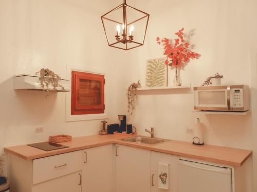 a kitchen with a sink and a microwave at Maison Rouge -Room 1 in Christiansted