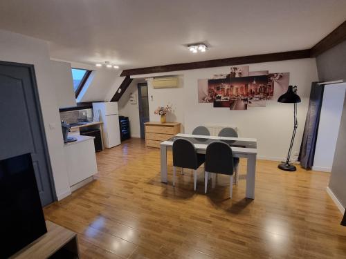 une cuisine et une salle à manger avec une table et des chaises dans l'établissement grand appartement cœur de ville DIJON, à Dijon