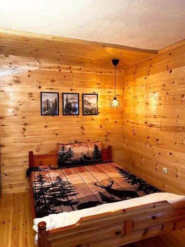 a room with a bed in a wooden wall at Wooden house Durmitor in Žabljak