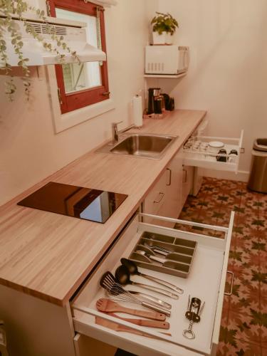 a small kitchen with a sink and a counter top at Maison Rouge - Room 3 in Christiansted