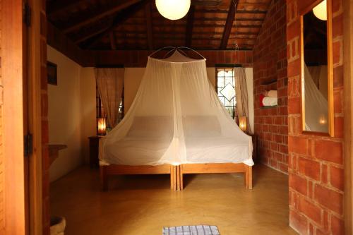 a bed with a mosquito net in a room at LA LOMA LINDA, Bungalows, Yoga and Feldenkrais, STARLINK INTERNET in Zipolite