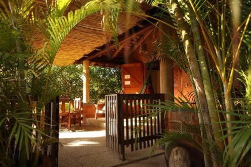 a porch of a house with a gate and plants at LA LOMA LINDA, Bungalows, Yoga and Feldenkrais, STARLINK INTERNET in Zipolite