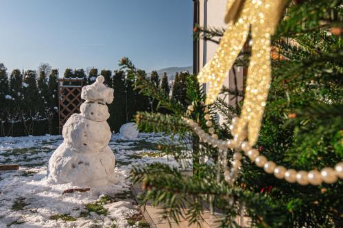 a snowman in a yard with christmas lights at Dream Holiday z Sauna i jacuzzi Lovely Krynica Zdrój in Florynka