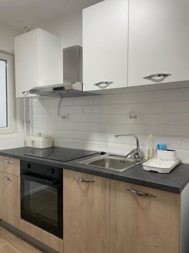 una cocina con fregadero y encimera en Blanco 5, en Novi Sad