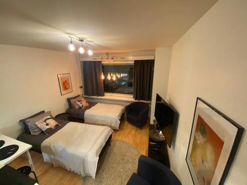 ヒュヴィンカーにあるApartment next to the railway stationのベッド2台とソファのあるリビングルーム