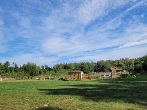 a large field with a barn and a blue sky at Kemping i Domki nad stawem in Harsz