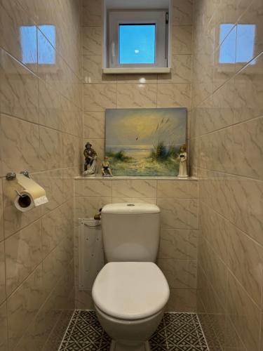 a bathroom with a toilet and a painting on the wall at Skrunda Apartments Centrum in Skrunda