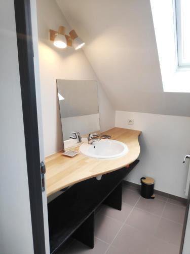 une salle de bain avec un lavabo et un miroir dans l'établissement Maison bourg Muzillac 3 Chambres, à Muzillac