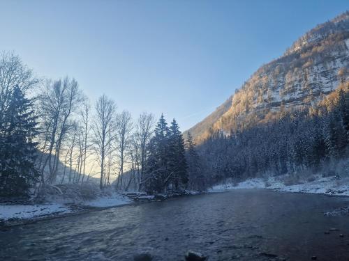 a river in the mountains with snow on the ground at Appartementhaus Hüttenberger in Erpfendorf
