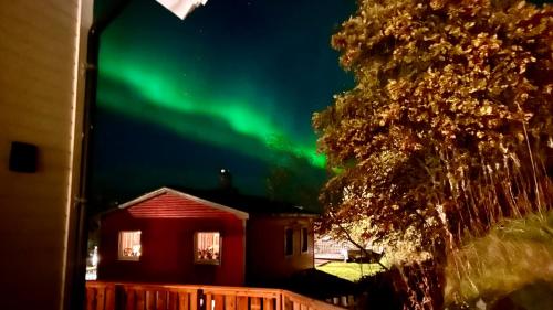 an image of the aurora over a house at Sandersstua 2, luxury family apartment with private whirlpool in Stamsund in Vestvågøya