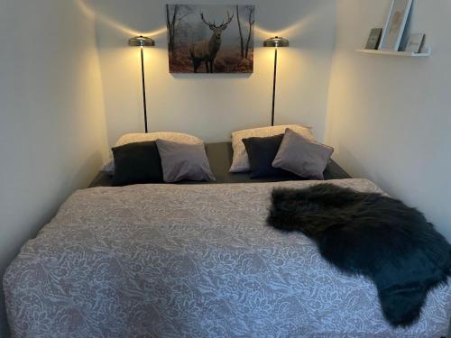 a cat laying on a bed in a bedroom at Ferienwohnung am Salmtalradweg Region Eifel Mosel in Sehlem