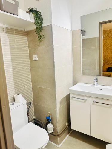une salle de bain avec toilettes et lavabo dans l'établissement Appartement 1 pièce vue mer, à Leucate